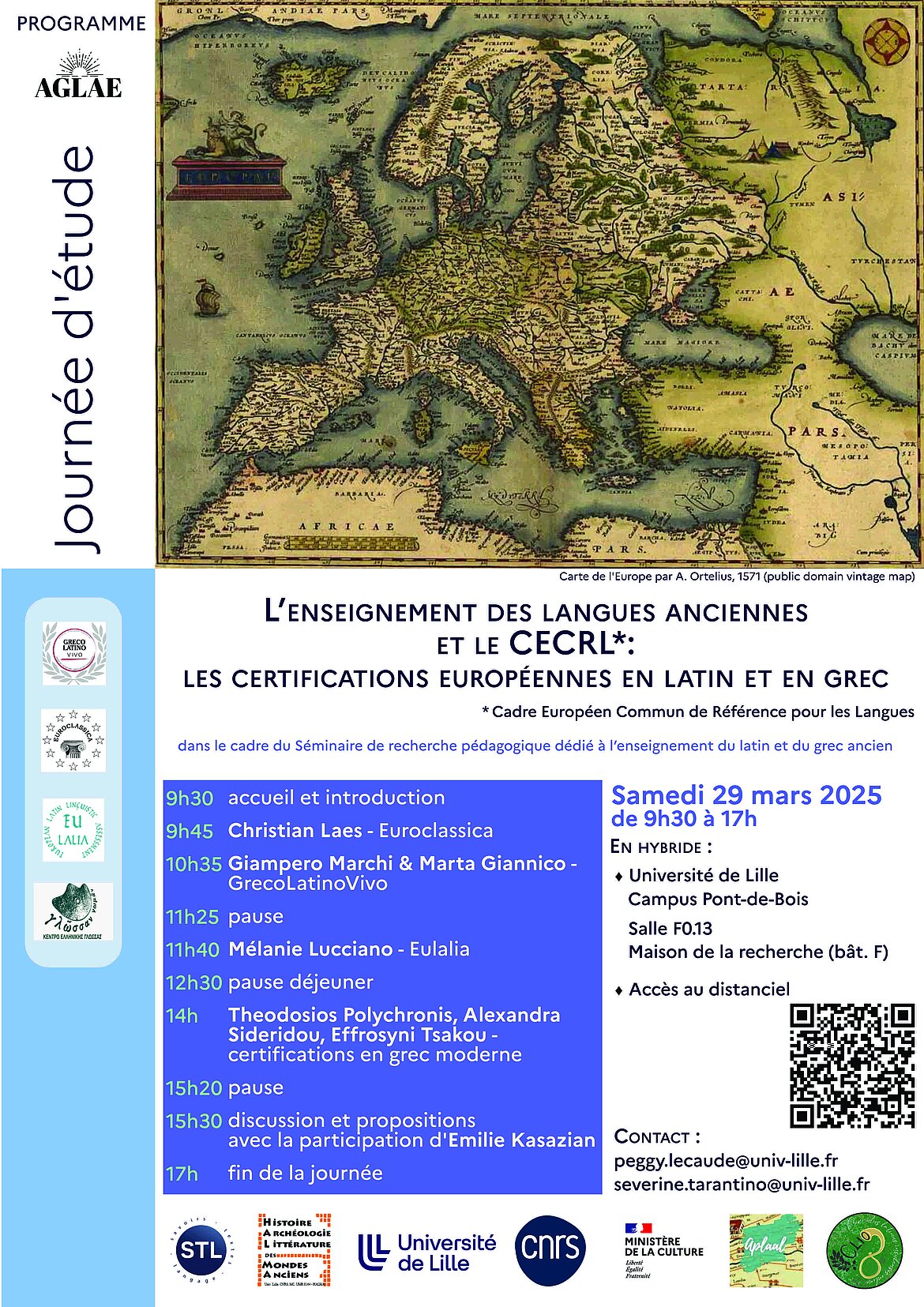Affiche Journée d'étude "L’enseignement des langues anciennes et le CECRL*: les certifications européennes en latin et en grec"